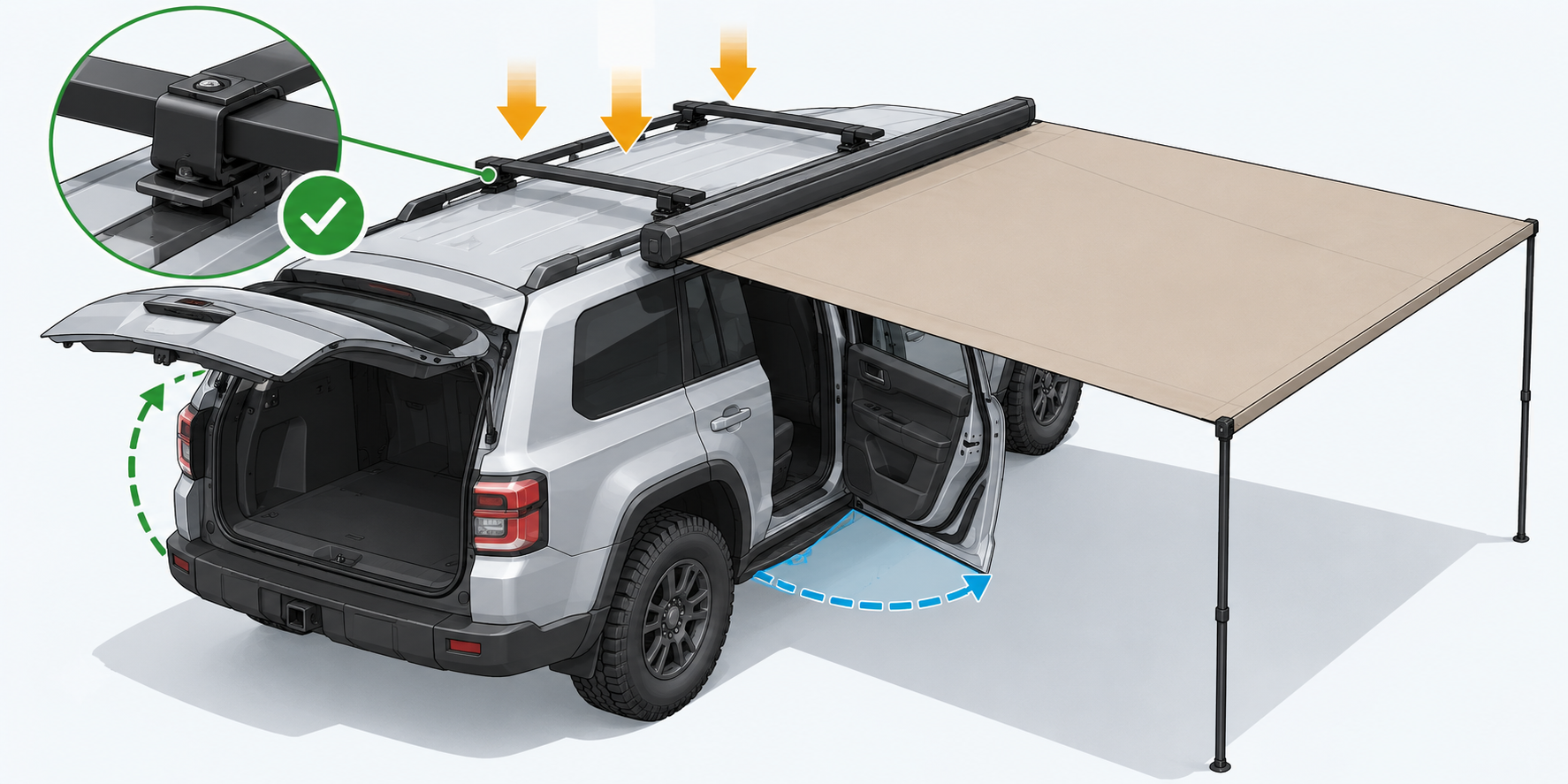 Verify the crossbar connection, total roof load, and deployed door clearance for the installed setup.