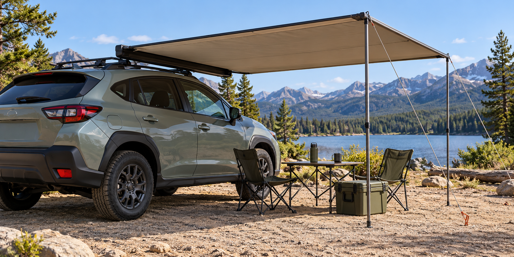 A generic compact crossover with a side awning deployed and supported on level ground.