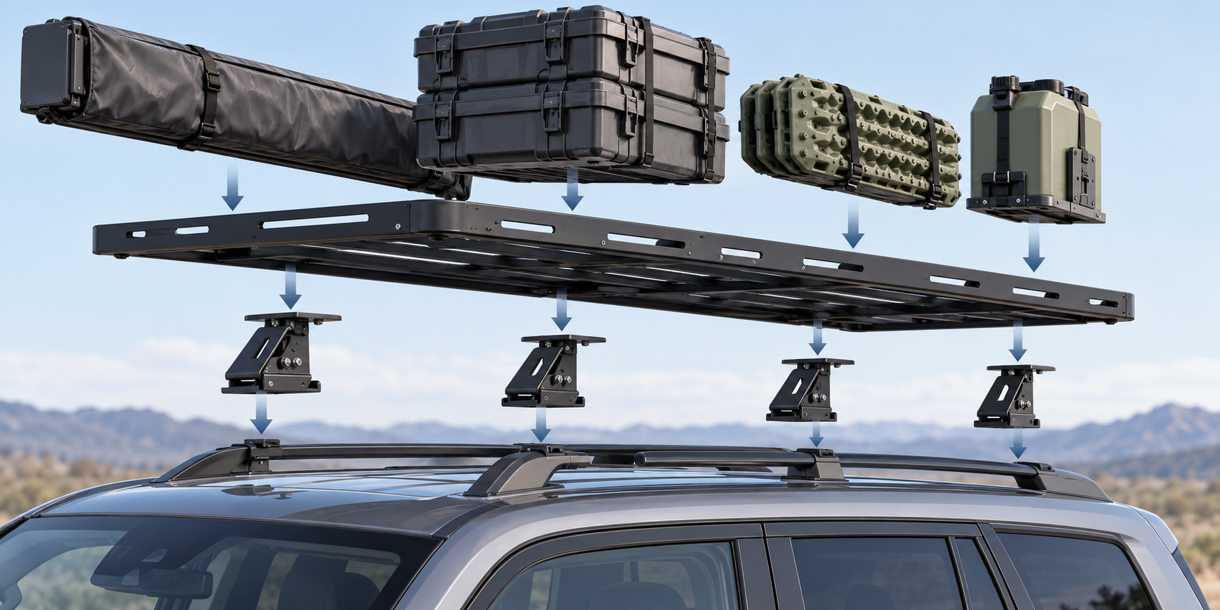 The vehicle, rack, brackets, awning, and carried gear all contribute to the complete load path.