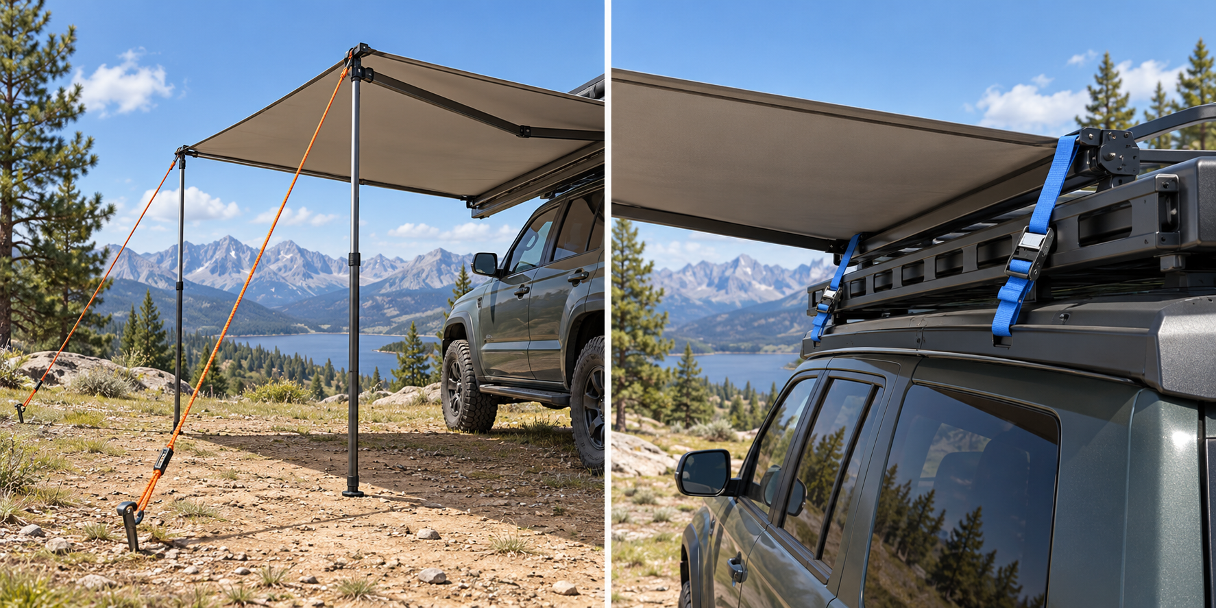 Guy ropes anchor the awning to the ground, while cargo straps attach to the rack or platform.