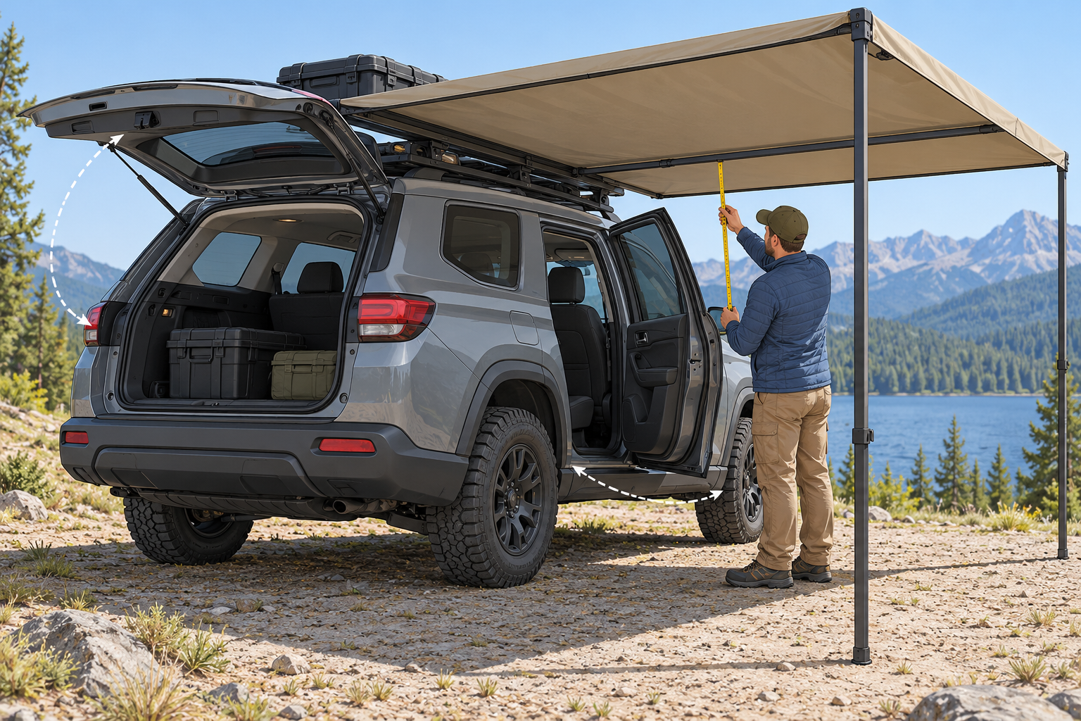 Measure the deployed awning against the actual doors, tailgate, and nearby accessories.