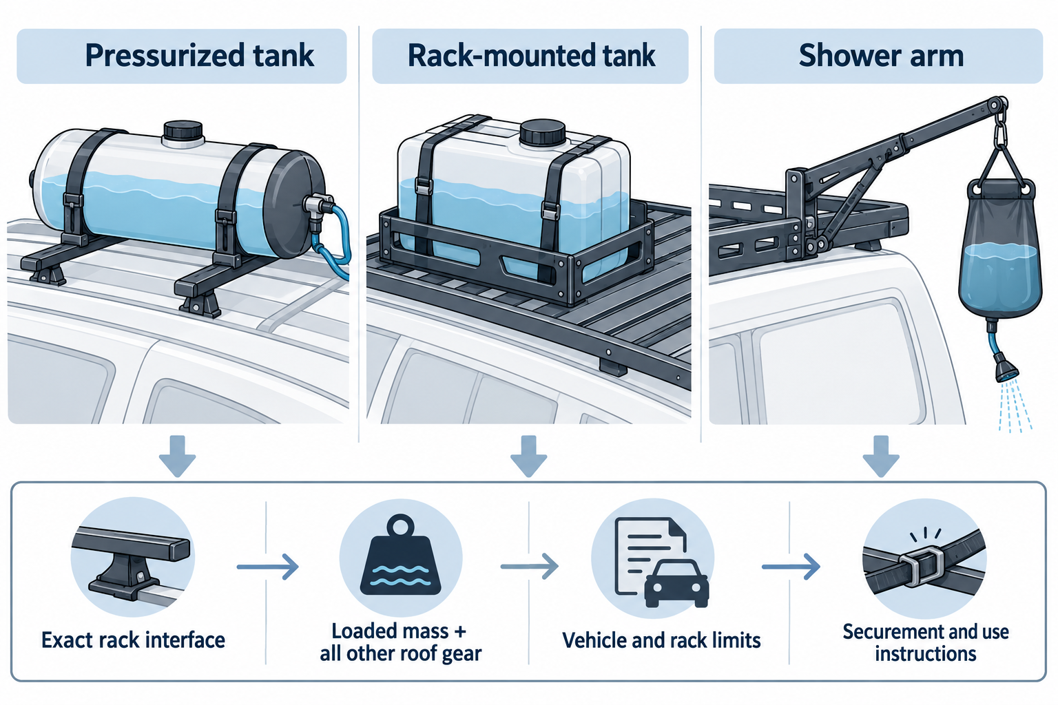 Three camp-water rack setups and the shared checks for interface, loaded mass, system limits, and use instructions.