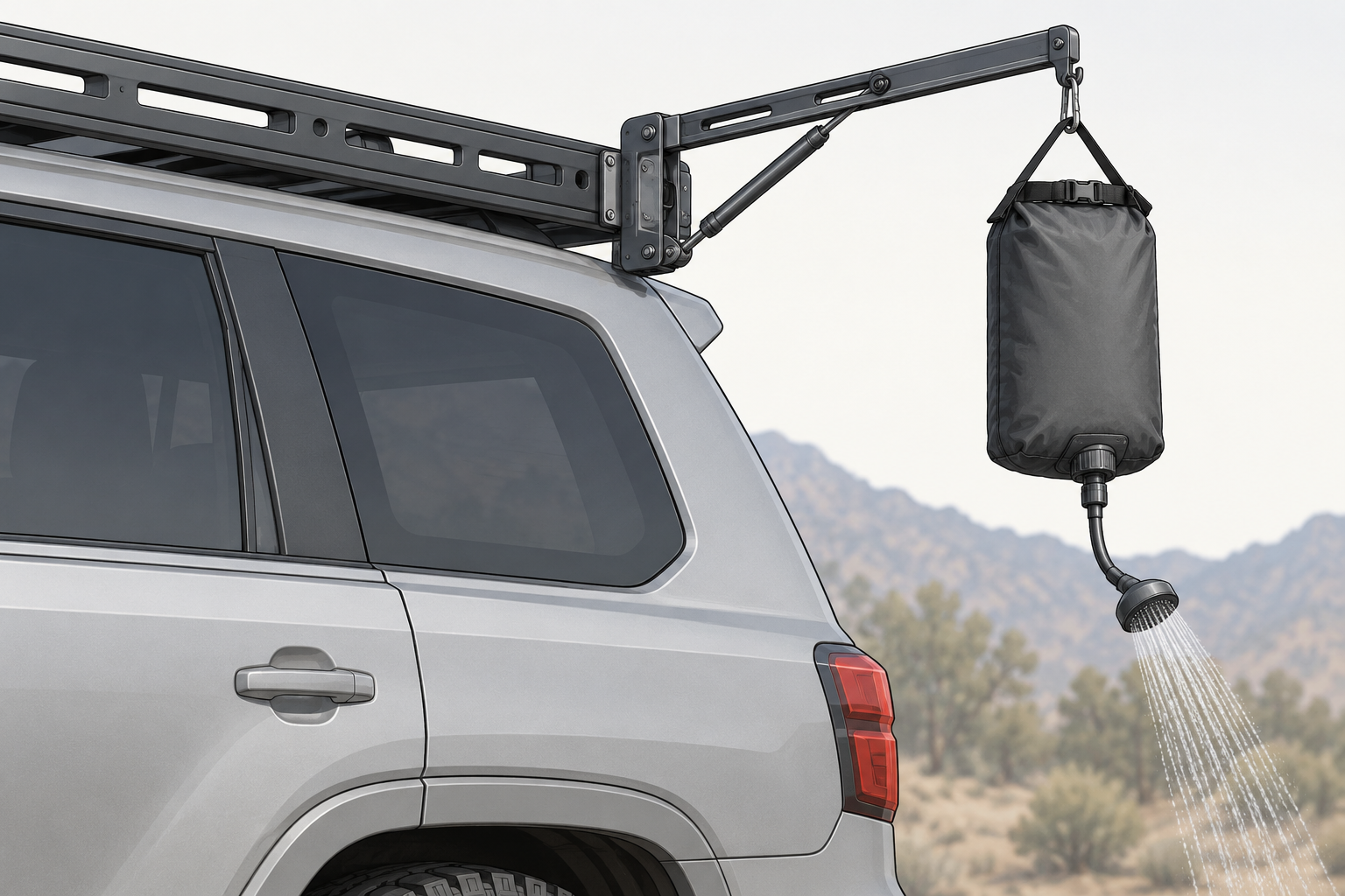 A generic folding shower arm attaches to a rack side profile and holds a shower fitting.
