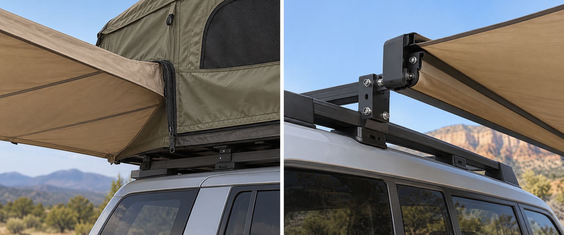 A tent-mounted awning uses a zip connection, while a rack-mounted awning uses a separate bracket.