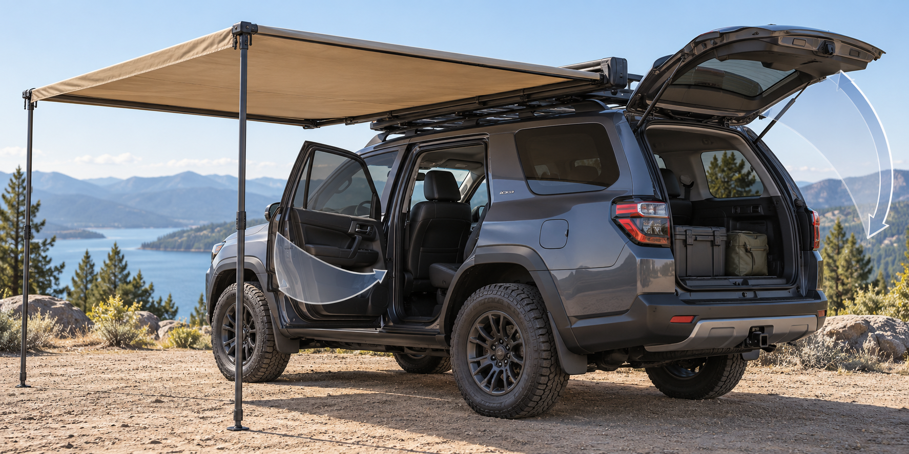 Check deployed awning clearance against the side door, rear hatch, and nearby roof accessories.