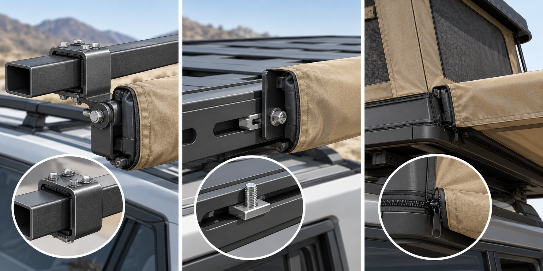 Load-bar clamps, platform channels, and tent zips are distinct awning interfaces.