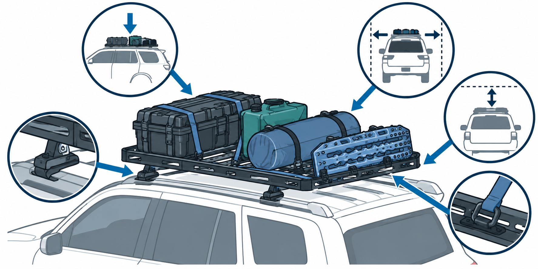 A platform setup with arrows calling attention to attachment, complete load, and vehicle clearance checks.