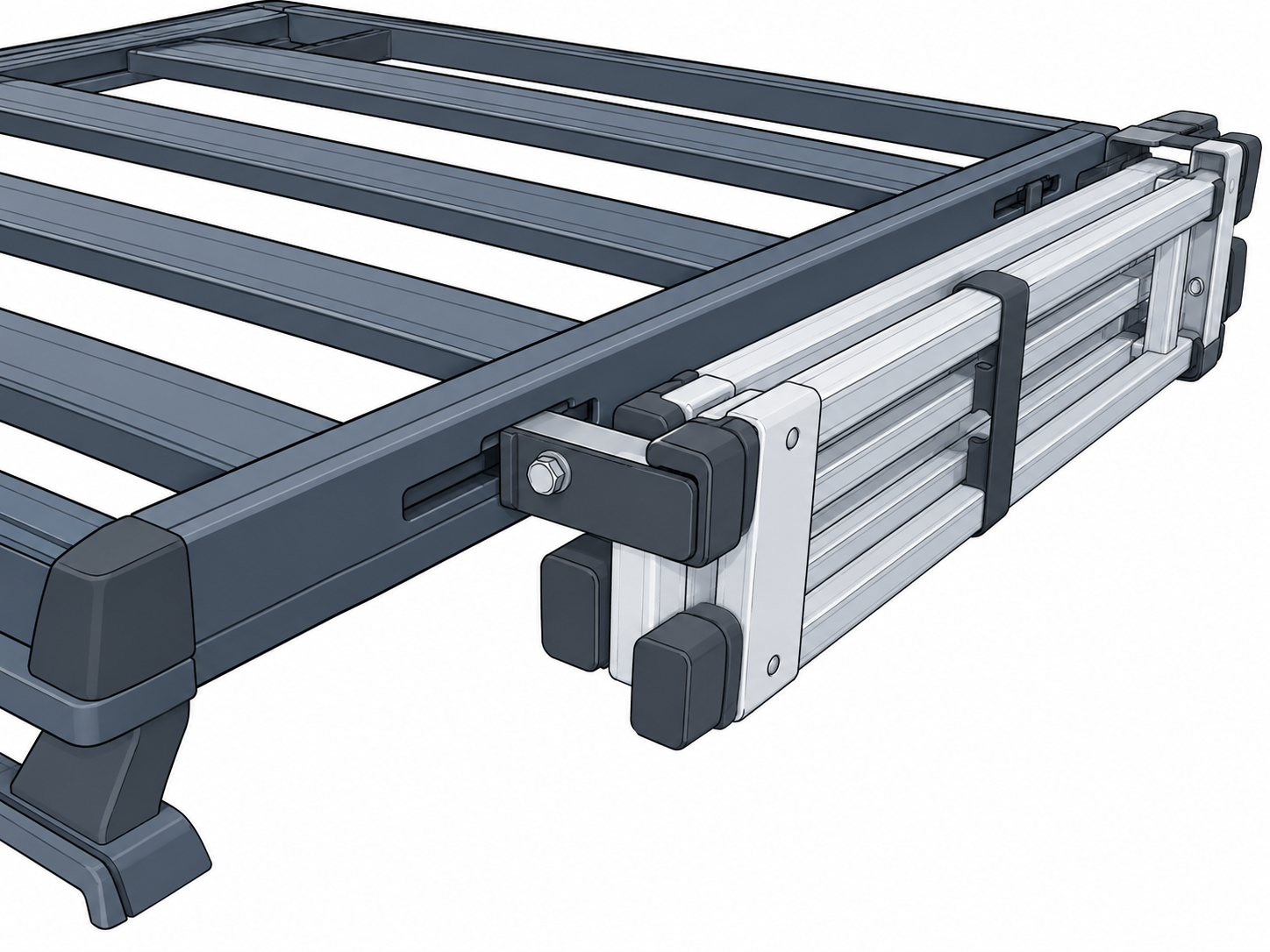 Close view of a generic side-channel bracket carrying a folded ladder parallel to a platform edge.