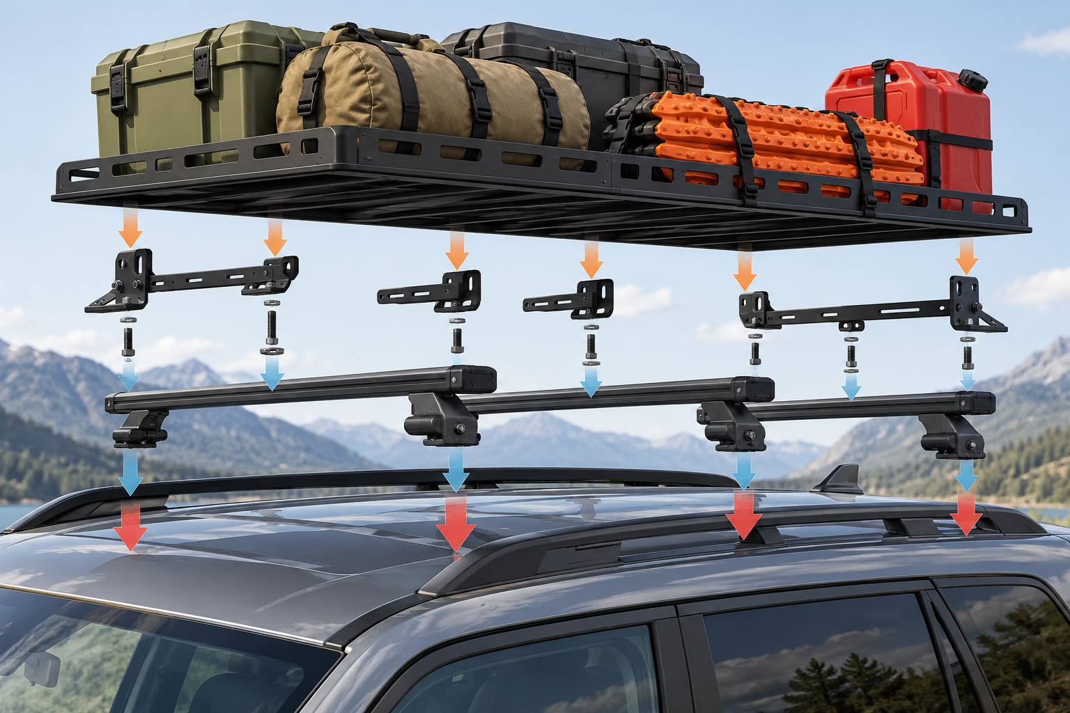 The platform, mounting hardware, brackets, accessories, and carried gear all contribute to total roof mass.