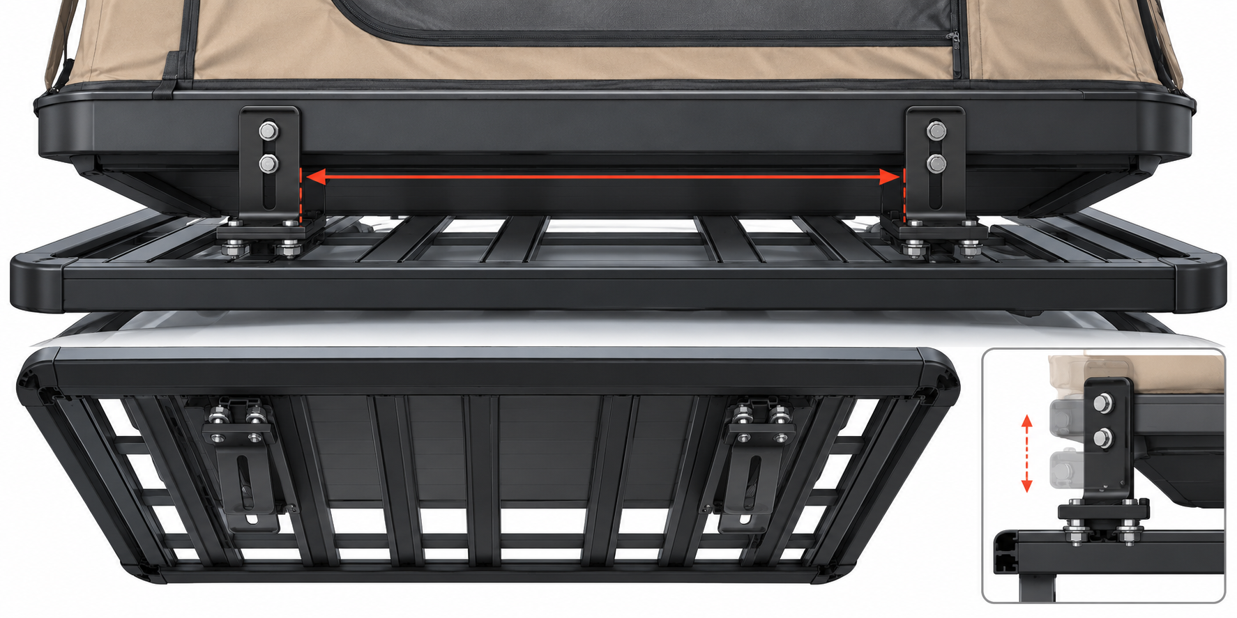 Two platform brackets sit near the outer edges, clear of channels, with their spacing and height checked.