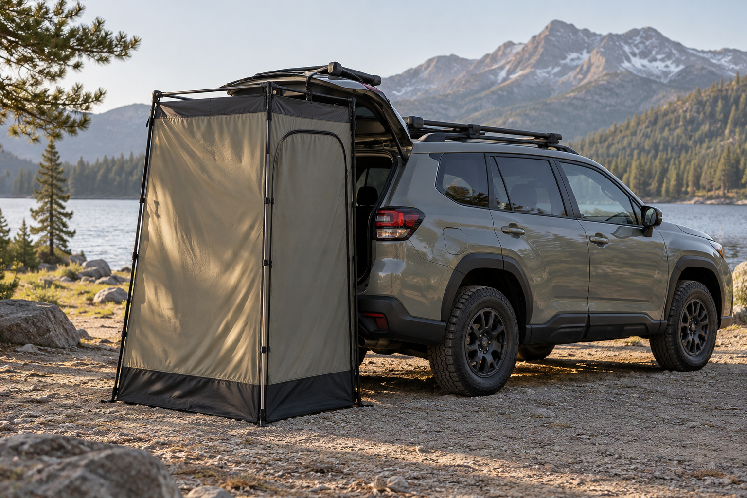 A generic vehicle with a deployed privacy shelter beside the rear quarter, showing the setup footprint.