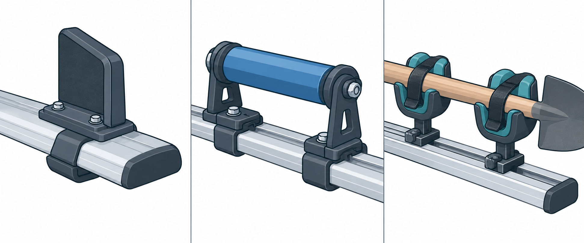 Three different work-accessory attachment styles: a load stop, ladder roller, and paired cradles around one handled item.