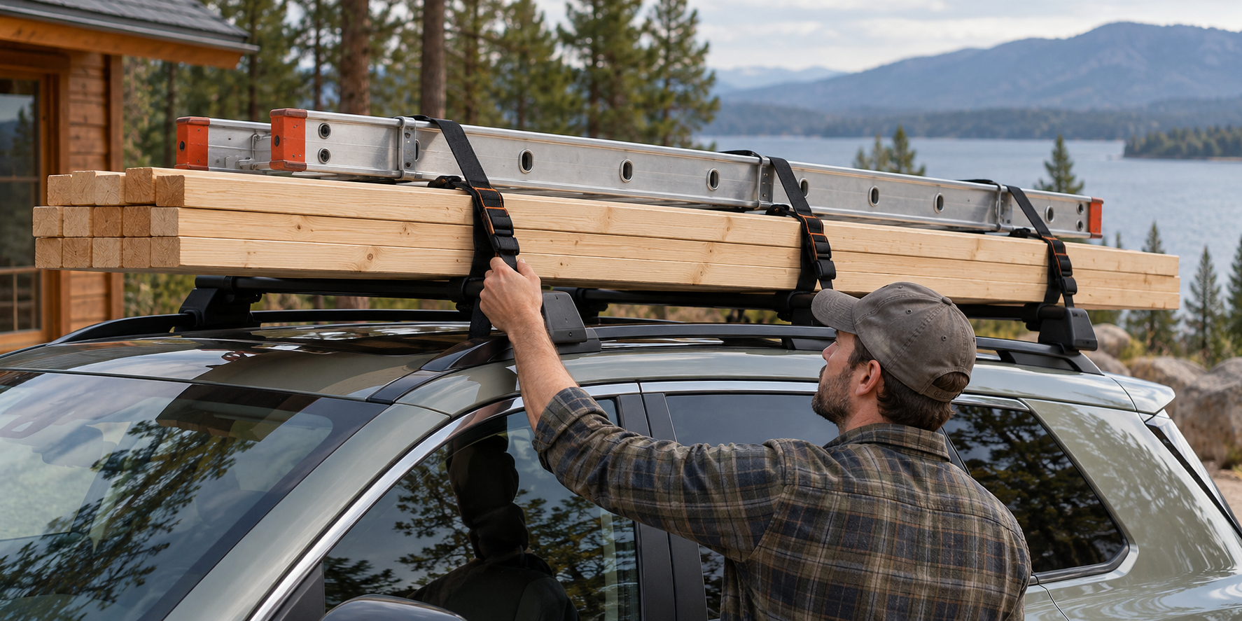 A driver checks straps holding long work materials on a generic roof rack before travel.