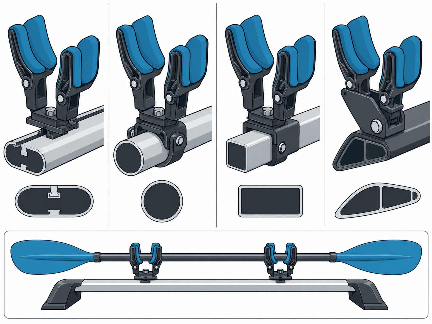 Separate crossbar attachment branches for paired padded cradles.