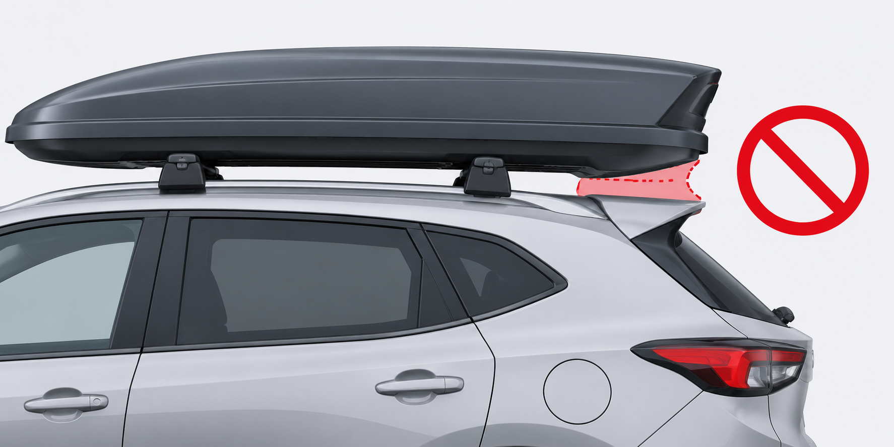 Illustration of the listed Extended carrier and crossbars conflicting with a raised roof spoiler; verify the exact vehicle and current accessory instructions
