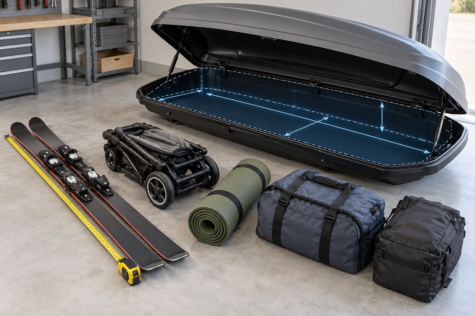 Measuring trip gear and comparing its shape with a roof box interior rather than relying on exterior dimensions or headline volume