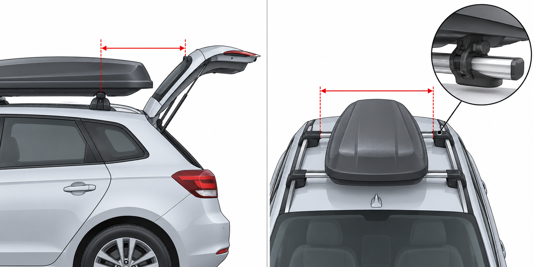Separate diagrams for measuring front-crossbar-to-open-hatch clearance and crossbar spread, with a close-up of box clamps on a bar
