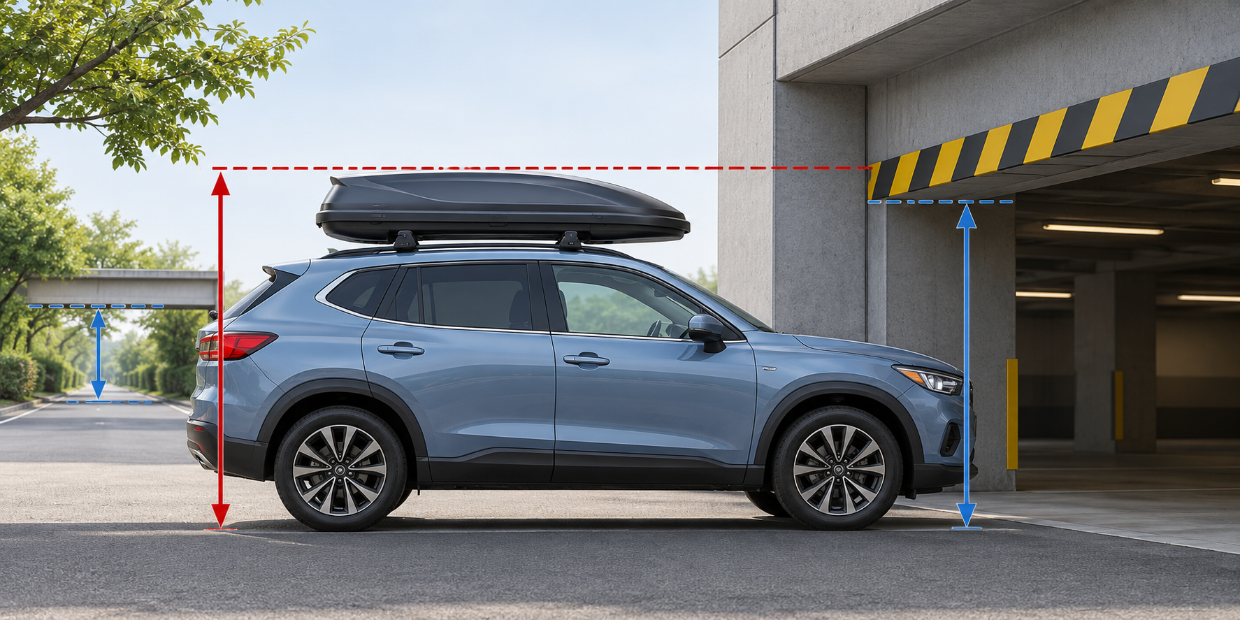 A roof box raises total vehicle height, which must be checked against garage and route clearances