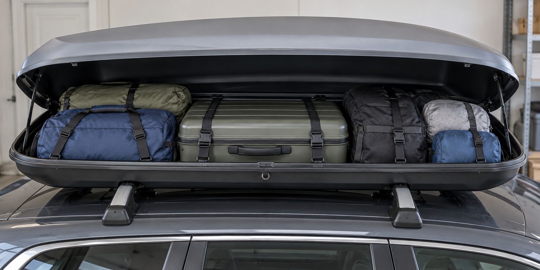 Balanced cargo inside a roof box with tie-downs and space for the lid to close, subject to the exact carrier manual