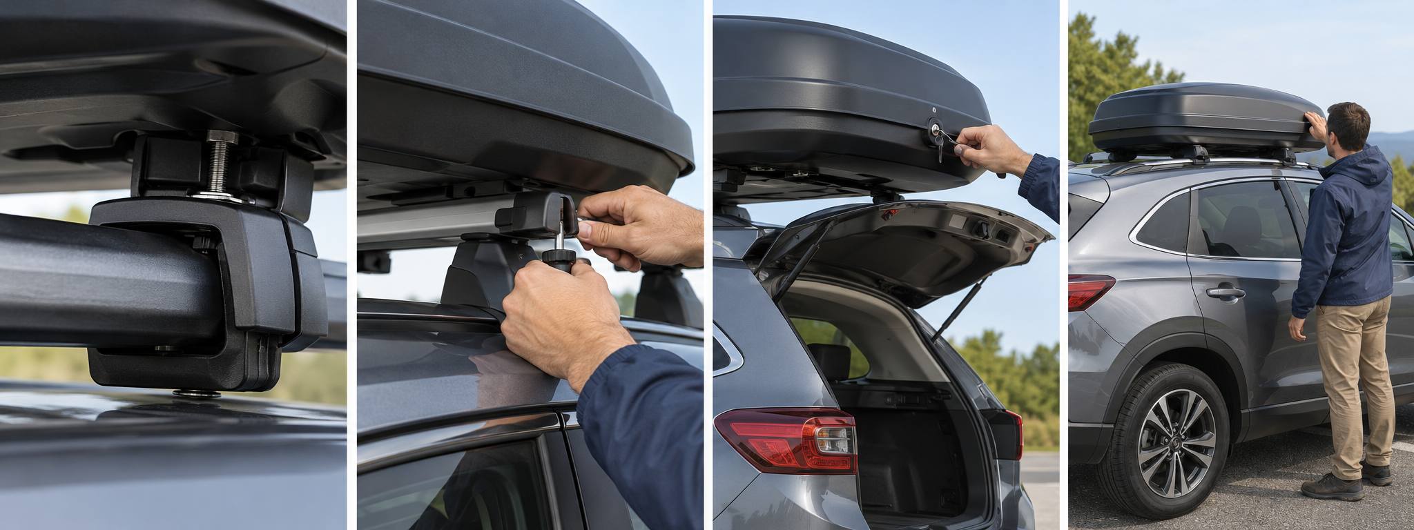 Sequence showing clamp engagement, hardware checks, closed lid and hatch clearance, and an on-trip visual recheck