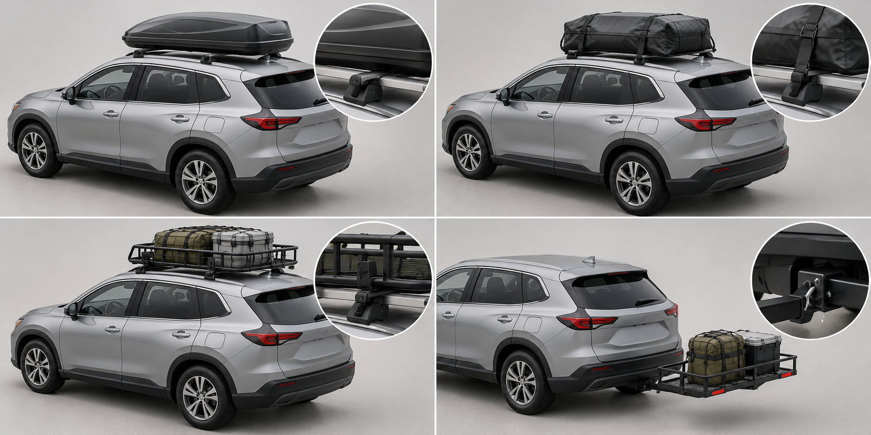 Roof box, soft bag, open basket, and rear carrier shown as distinct storage forms and mounting locations