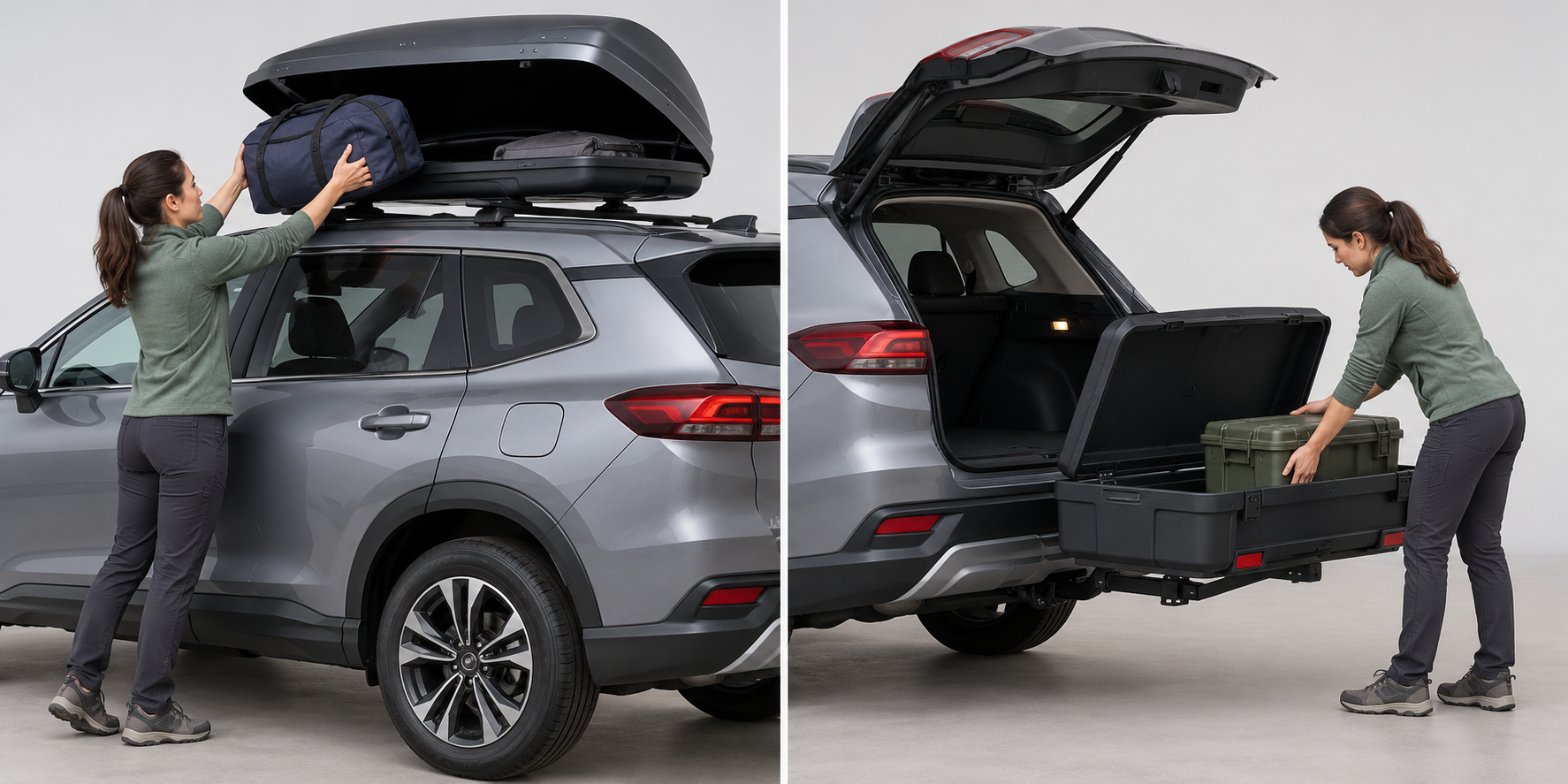 Loading a roof box requires lifting gear higher, while a rear carrier can load lower but may affect hatch access