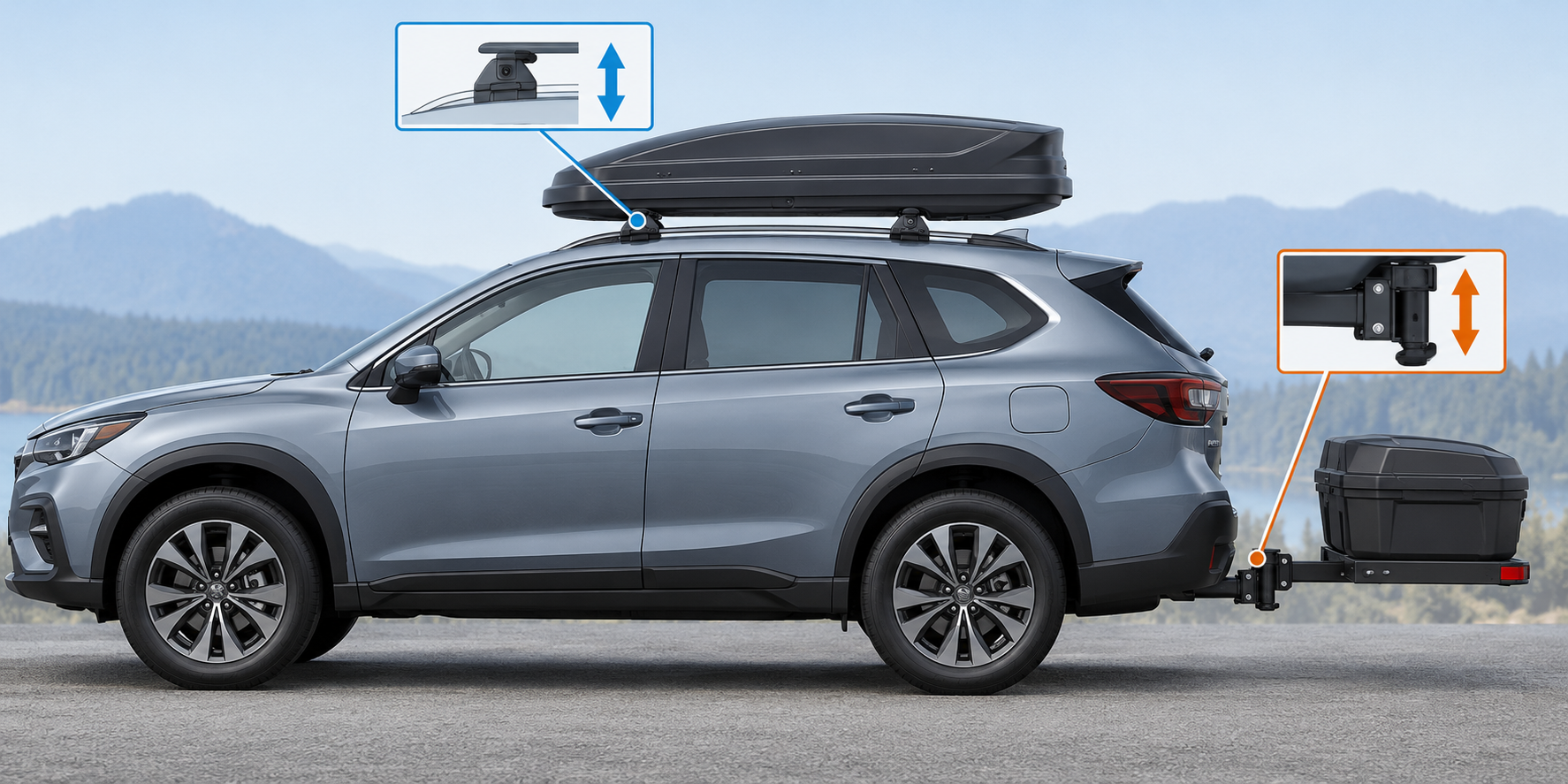 Roof and rear cargo use separate mounting interfaces and separate vehicle and component checks; this illustration does not imply both may be used together