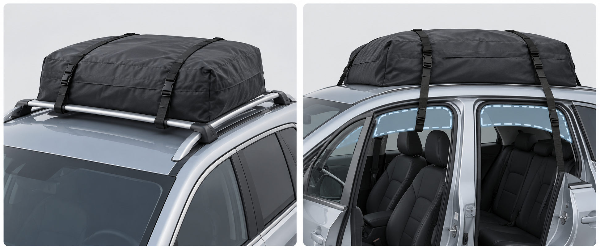 Two distinct product-specific bag attachment examples: crossbar or rail attachment and an older door-strap method that requires exact manual and vehicle checks