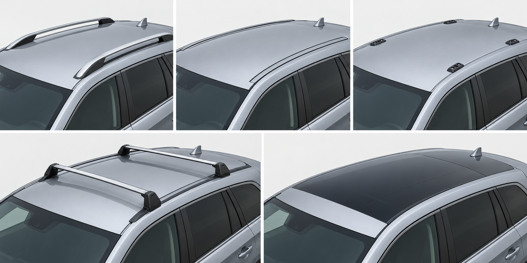 Raised rails, flush rails, fixed points, crossbars, and bare or glass roof surfaces are distinct interfaces; this diagram does not establish bag approval