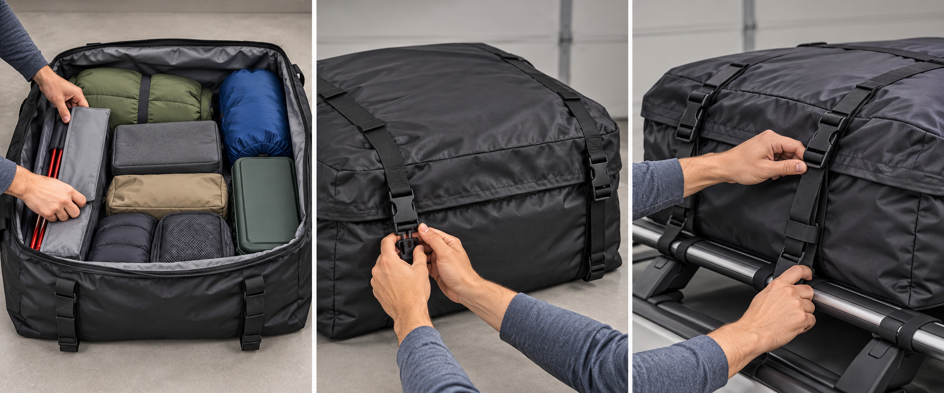 Packing a soft bag evenly, closing its fasteners, and checking its restraints on a crossbar setup
