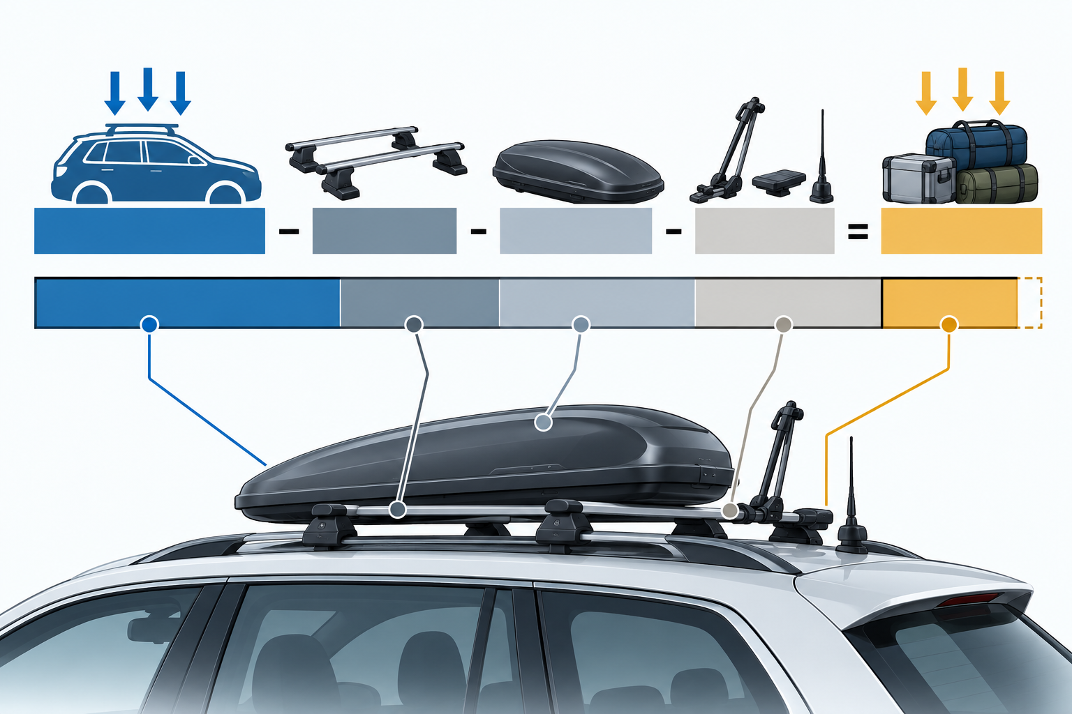 Illustration of the vehicle roof-load limit reduced by rack, box, and accessory weight to leave a remaining cargo allowance