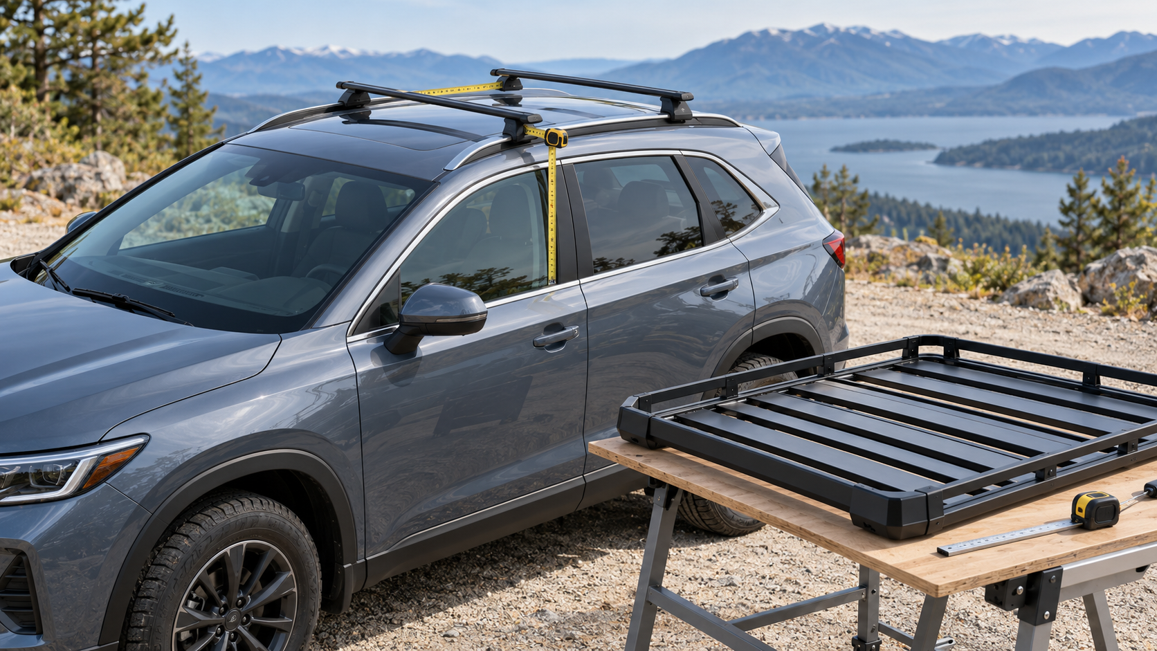 A roof-bar setup being measured beside a separate modular platform, illustrating the need to compare clearance and usable space.