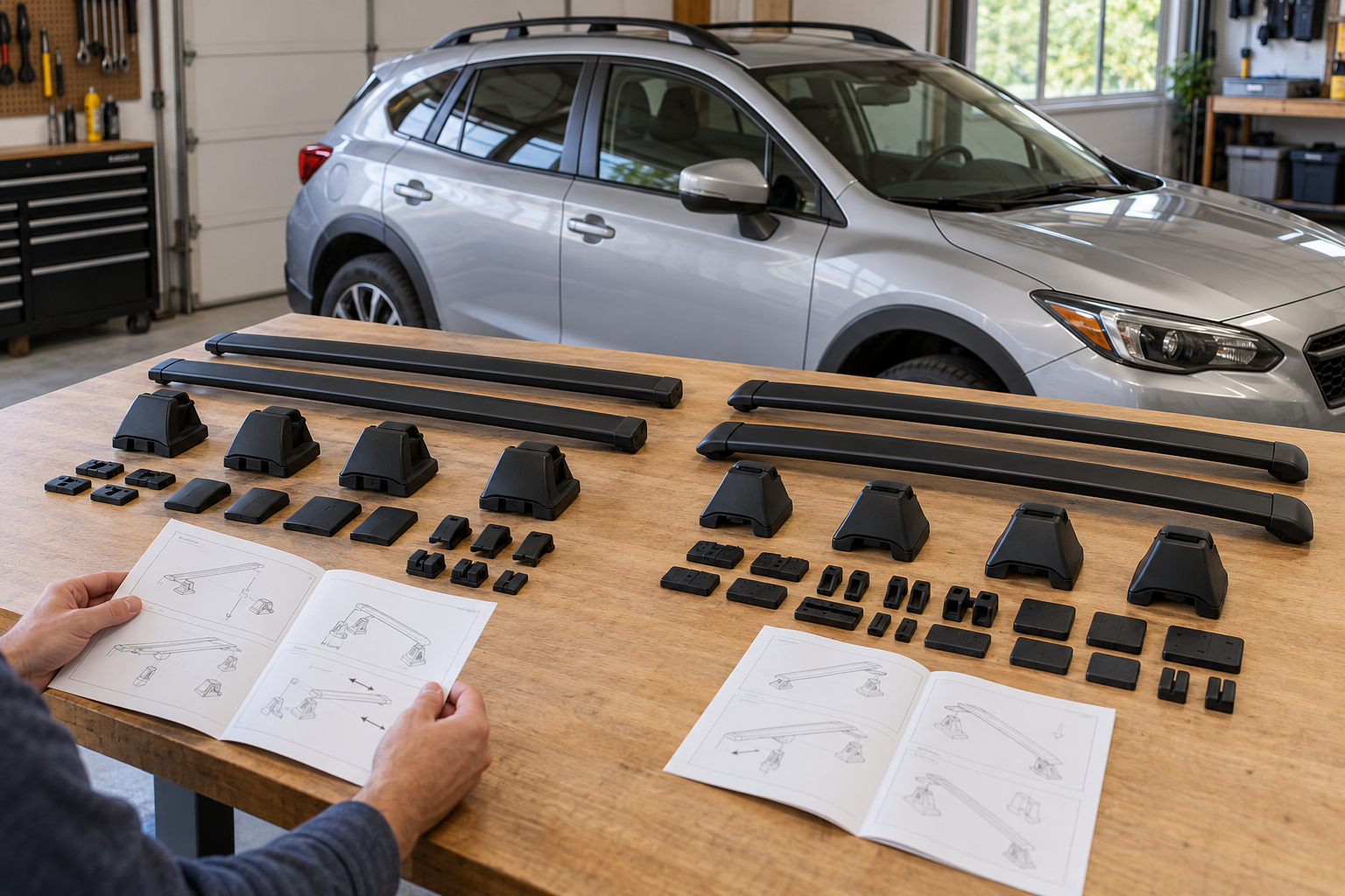 Unbranded rack bars, feet, fit components, and instructions laid out for a careful parts and installation check beside a vehicle.