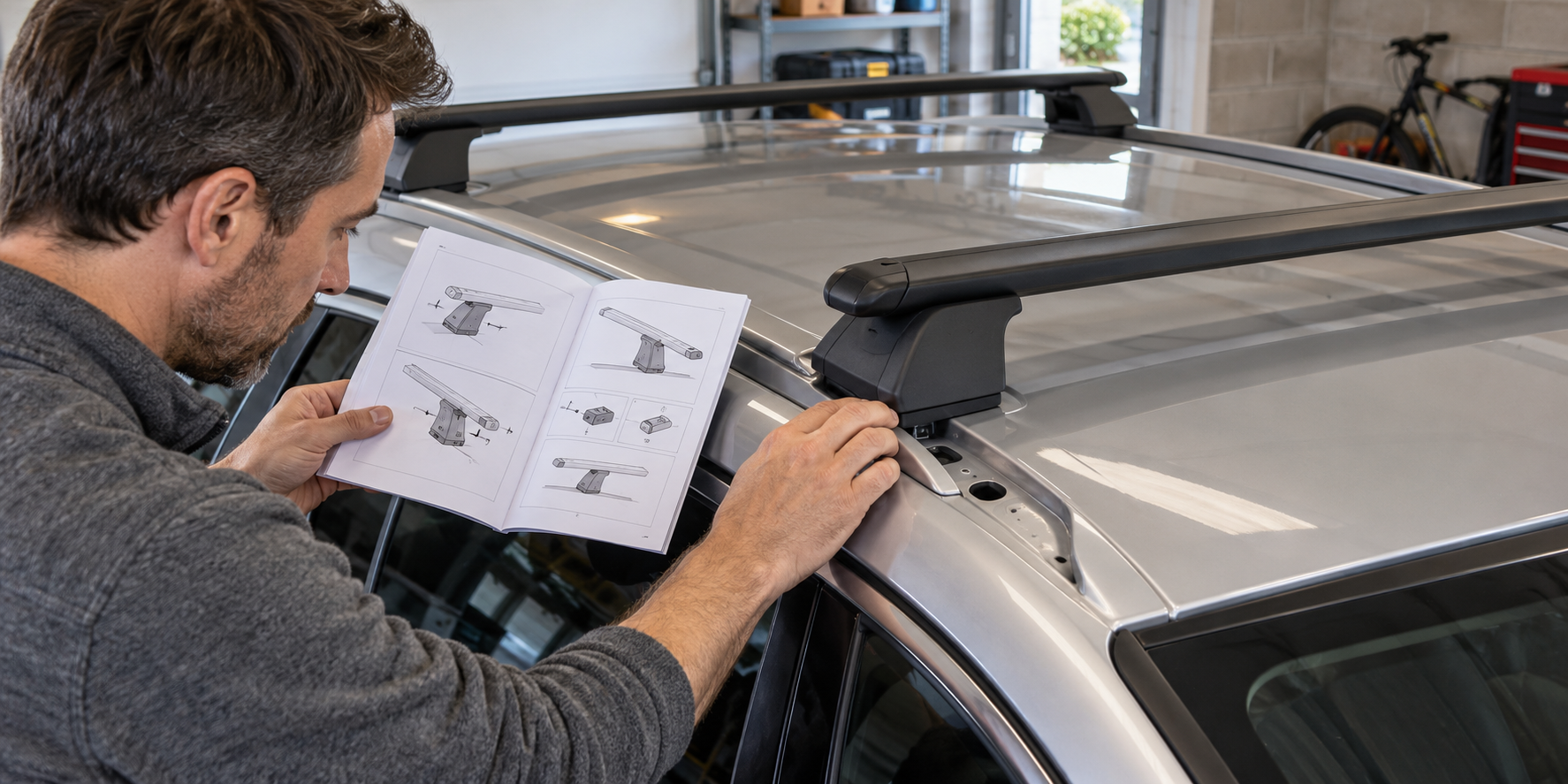 A generic vehicle roof and unbranded bars being checked against printed instructions; this is not the Qashqai test vehicle.