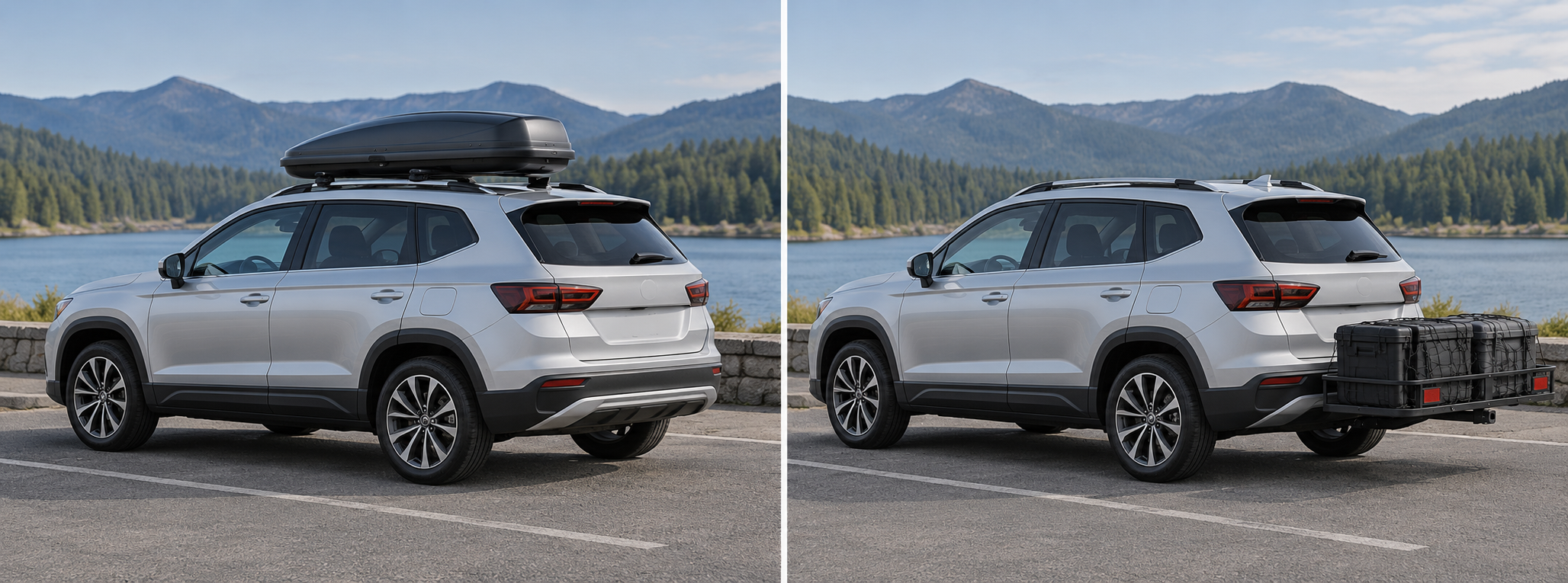 Side-by-side generic examples show cargo carried in a roof box or in a rear-mounted carrier.