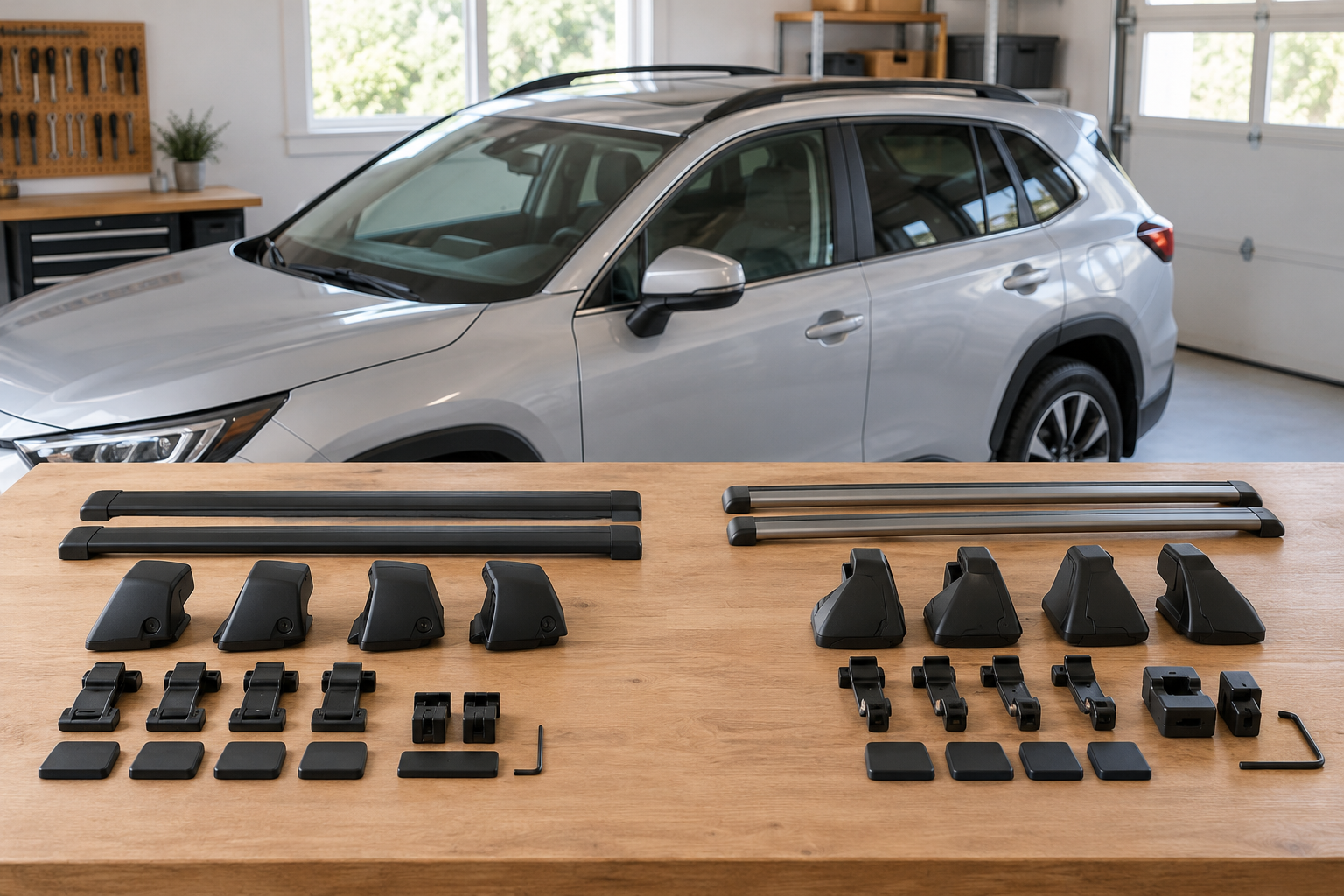 Two unbranded roof-rack component groups beside one vehicle illustrate why bars, towers, fit parts, and accessories must be compared as complete systems.