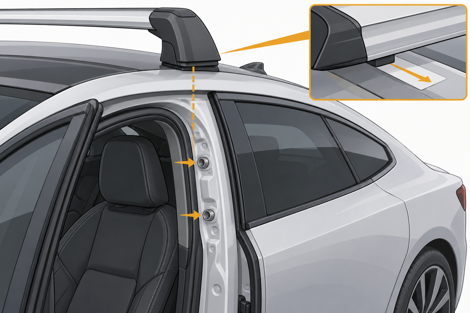 A load-carrier foot aligned with a door-frame mounting point and a position decal oriented toward the vehicle front.