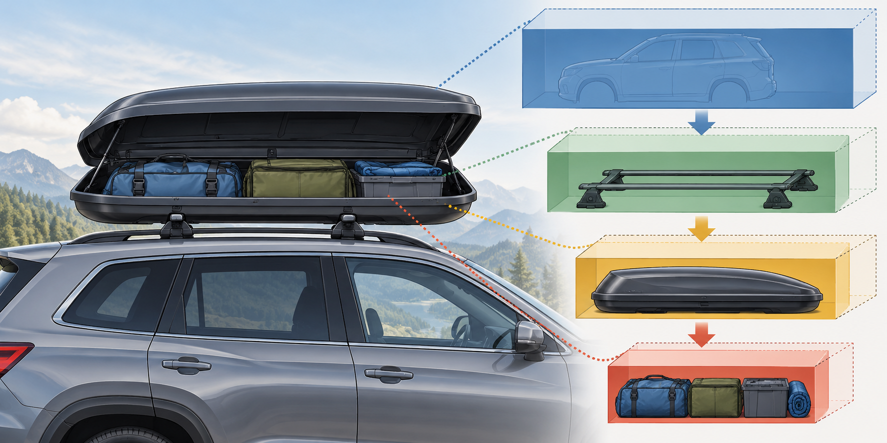 A roof system and progressively constrained vehicle, rack, accessory, and cargo capacity layers.