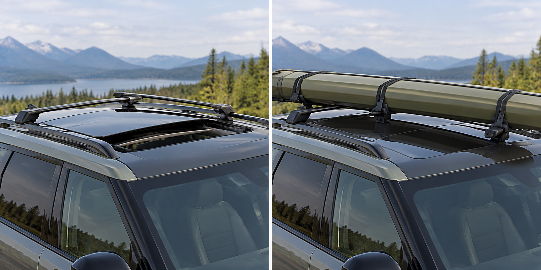A rack with a partly opened roof panel compared with a full-length load and a closed panel.