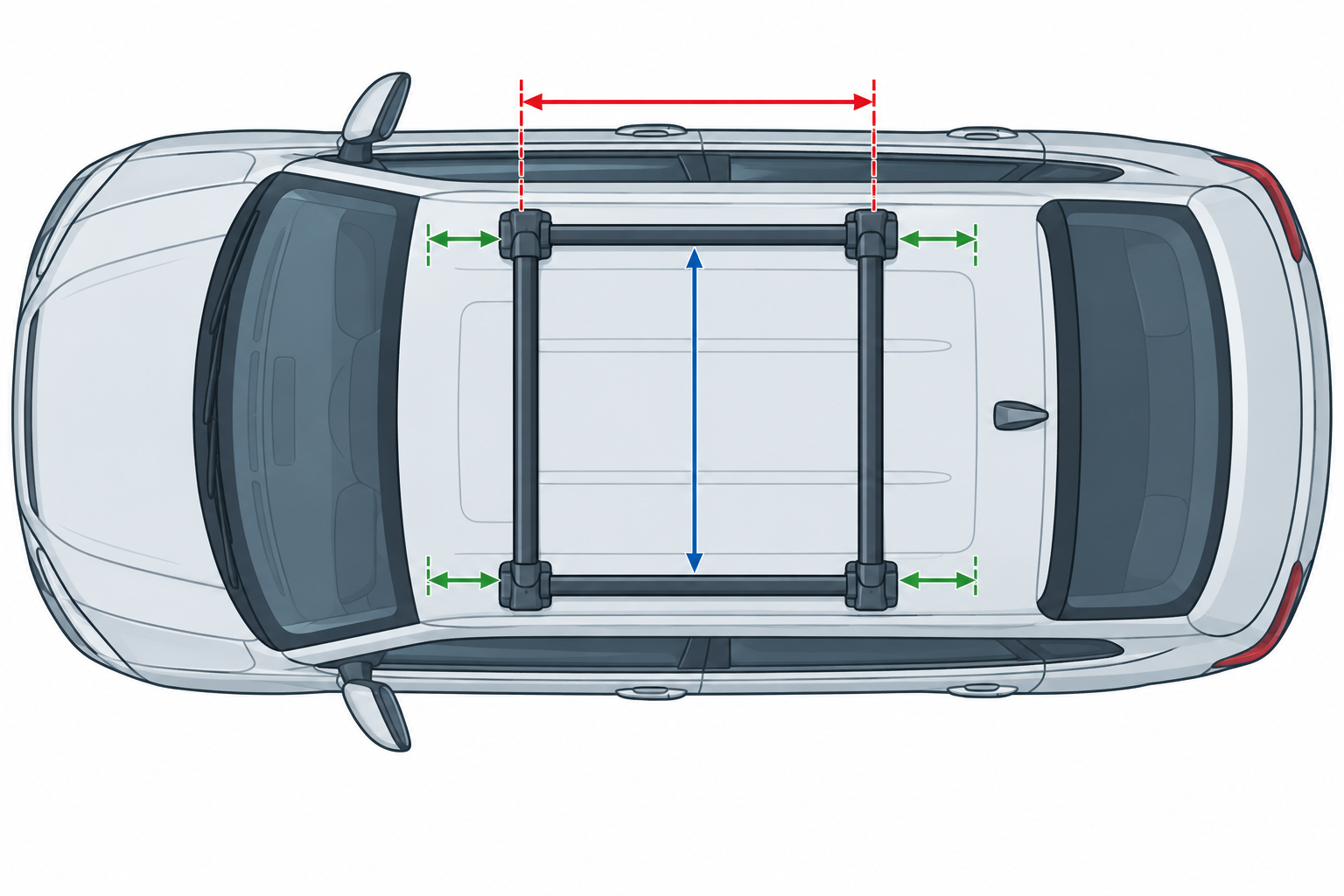 A top-down roof-rack view showing bar spread, bar width, and accessory support positions as separate measurements.