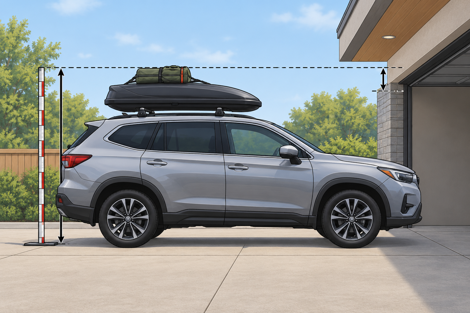 A loaded vehicle being measured from the ground to its highest roof cargo point before a low entrance.
