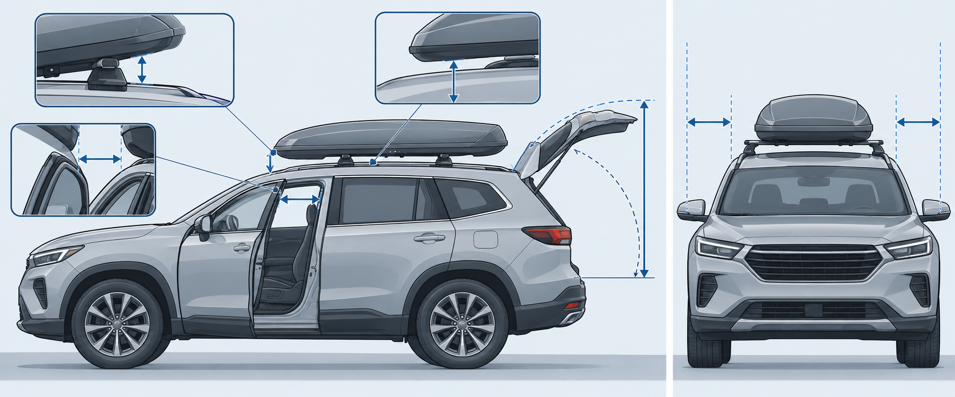 Roof-rack diagrams showing hatch, door, roof-panel, and accessory-support clearance checks.