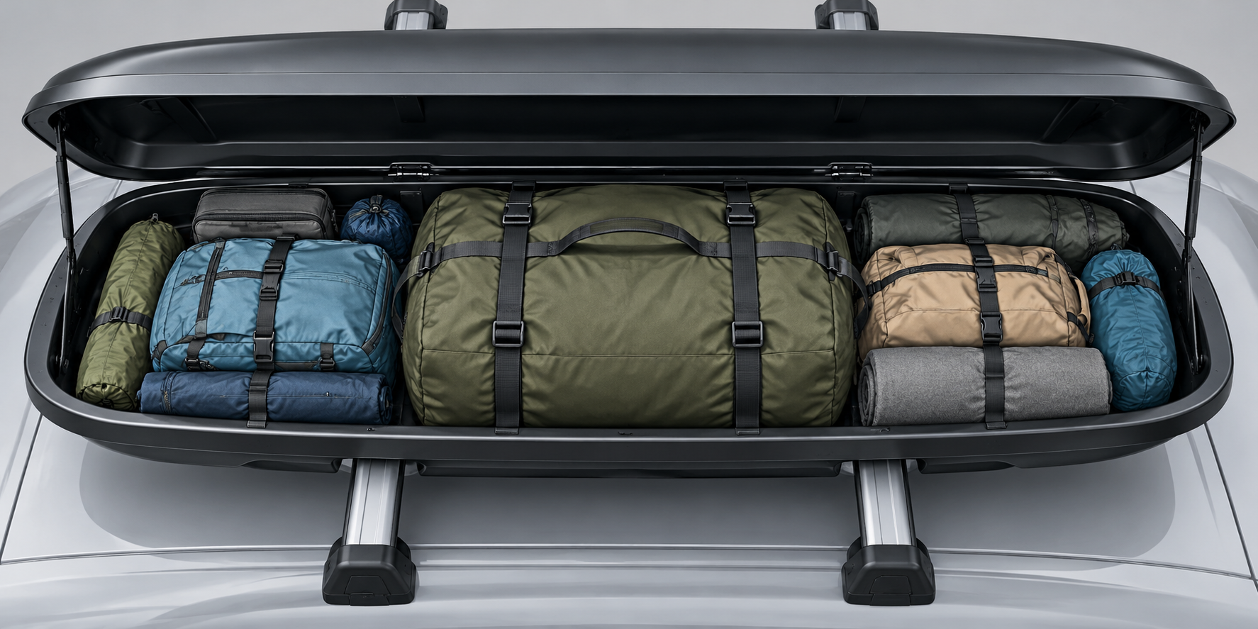 A roof-box cutaway with the heavier cargo centered between the crossbars and lighter items toward the ends.