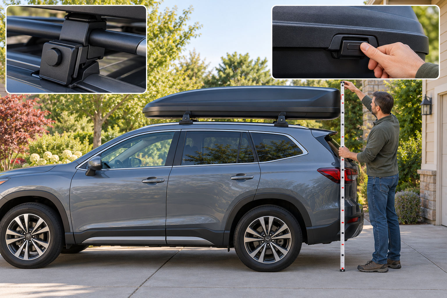 A driver checking the box clamp and latch while measuring the installed vehicle height.