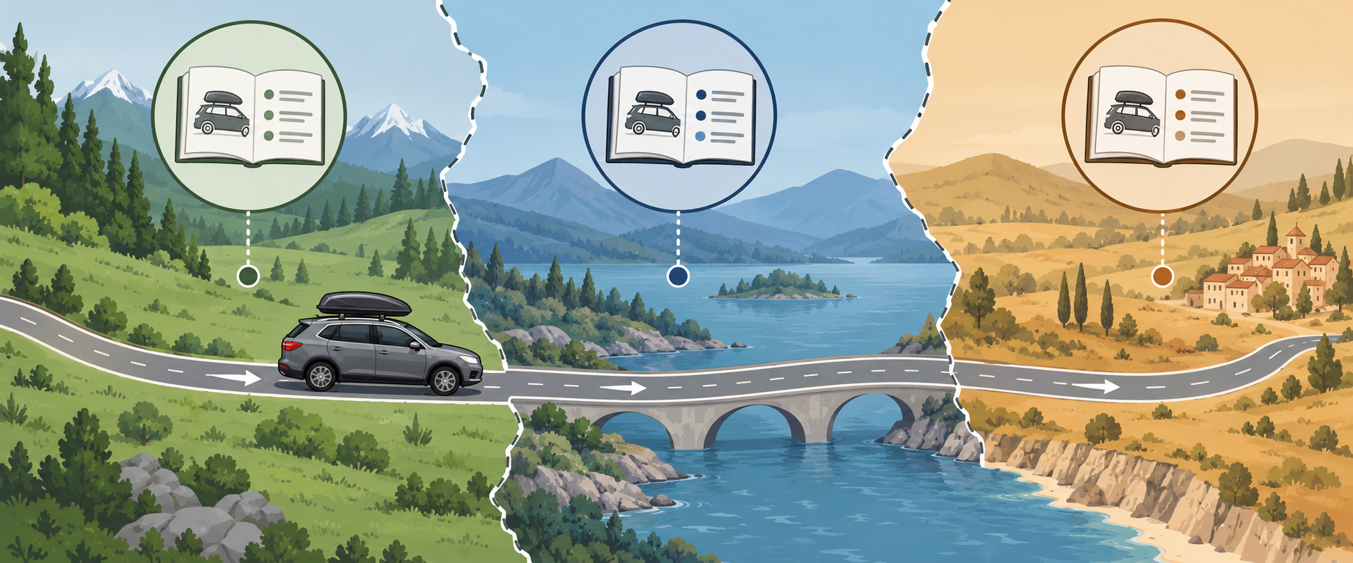 A roof-loaded vehicle crossing between regions with separate manuals and road-guidance documents.