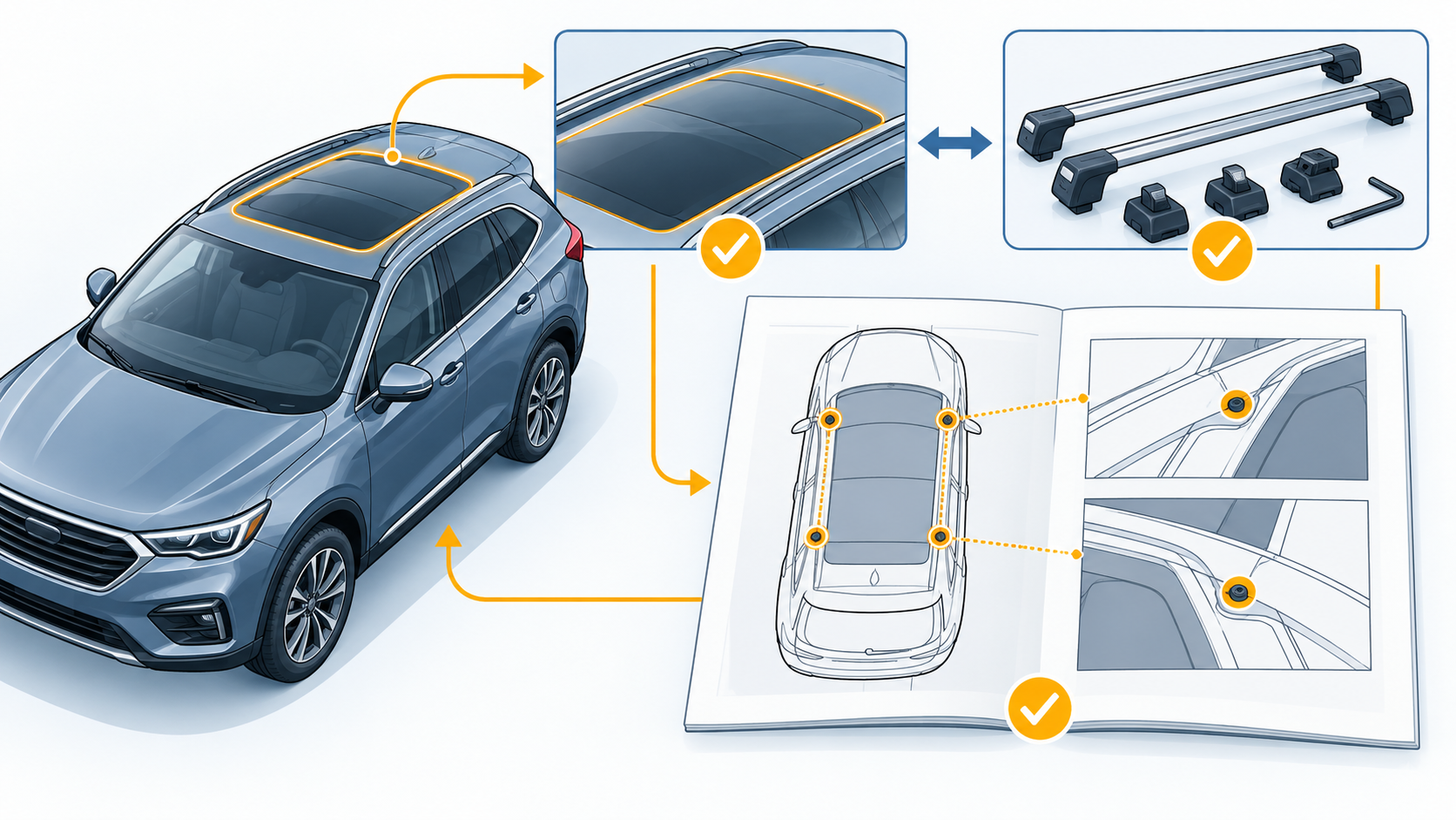 A vehicle roof, rack kit, and instructions matched to exact roof mounting points before approval.