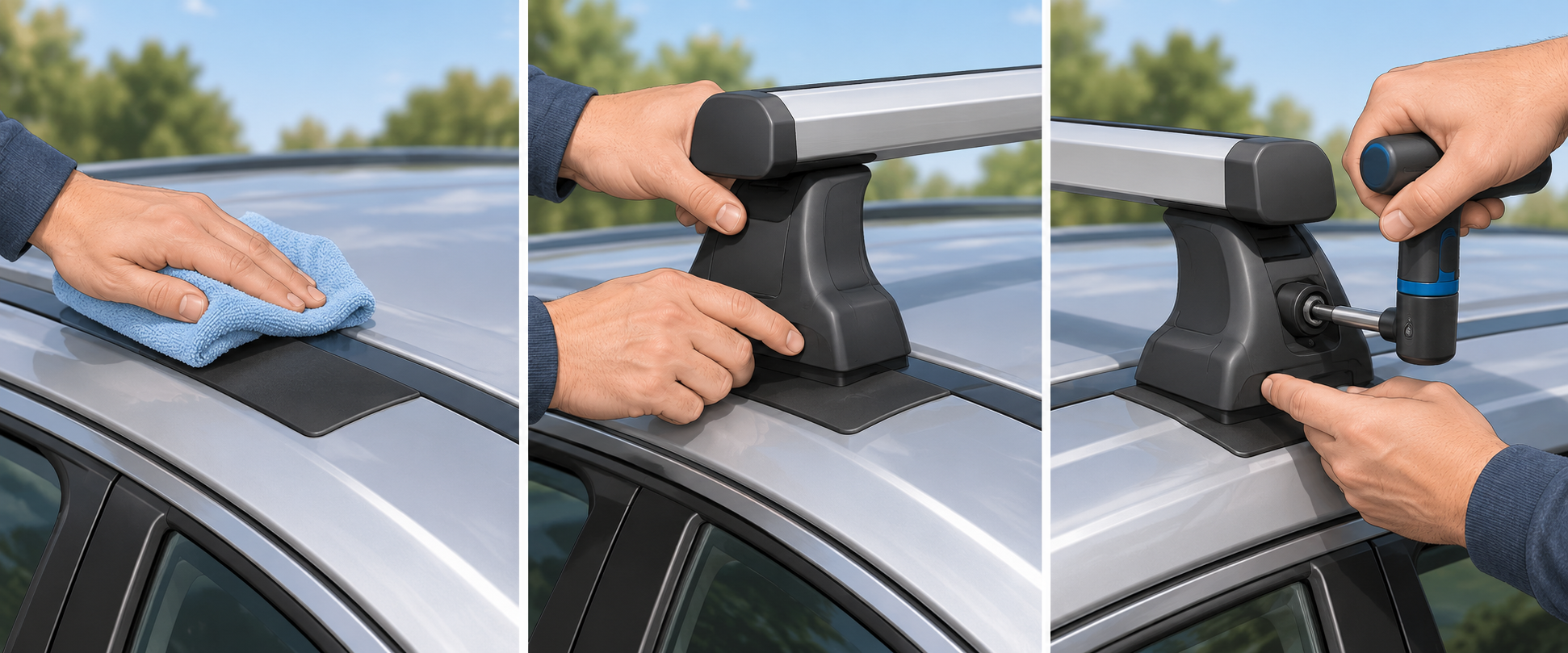 A three-stage illustration of cleaning a contact point, positioning a rack foot, and tightening with the specified tool.