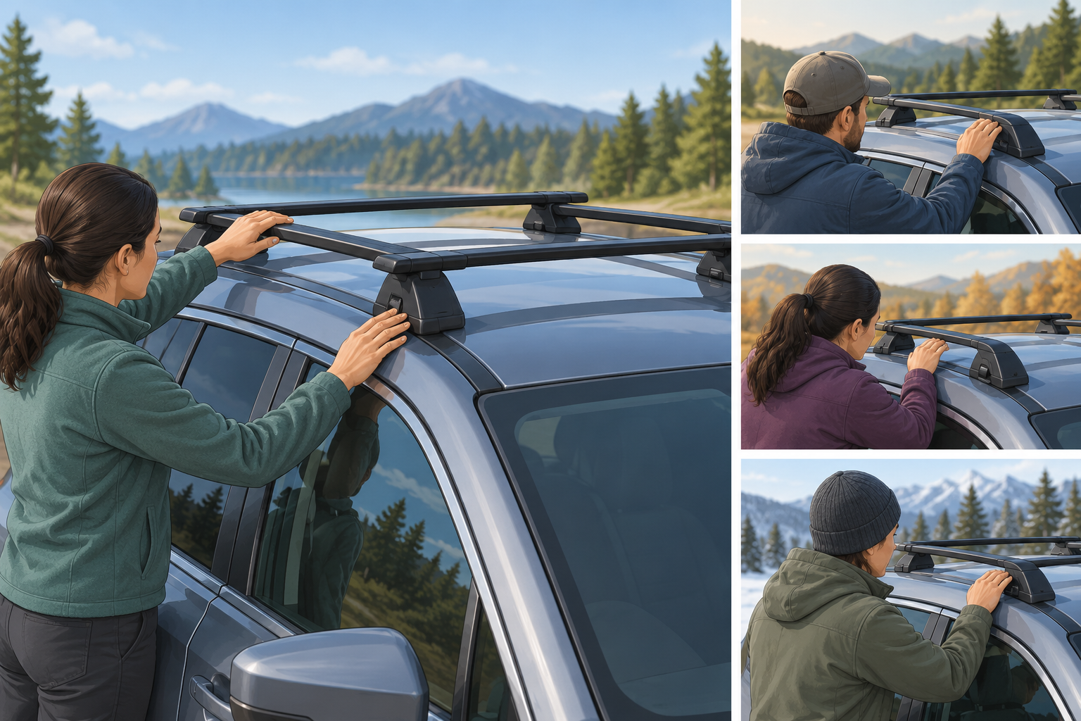 An empty roof rack being checked after installation and again at later moments, without a fixed schedule implied.