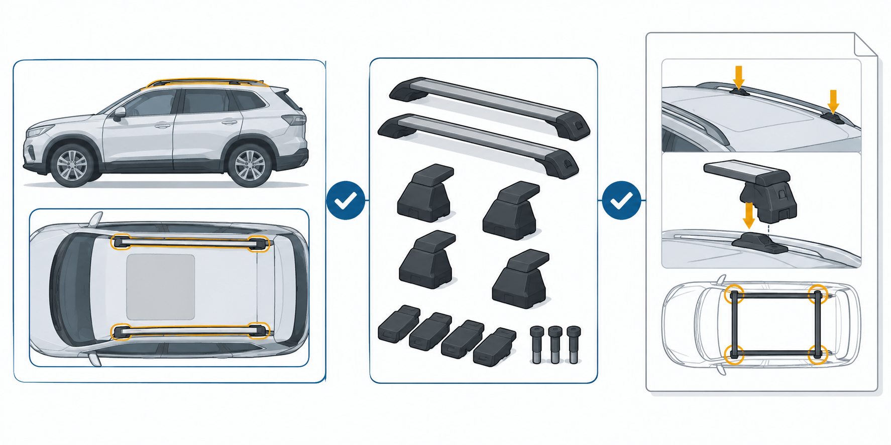 A vehicle configuration, rack components, and installation instructions being matched before work begins.
