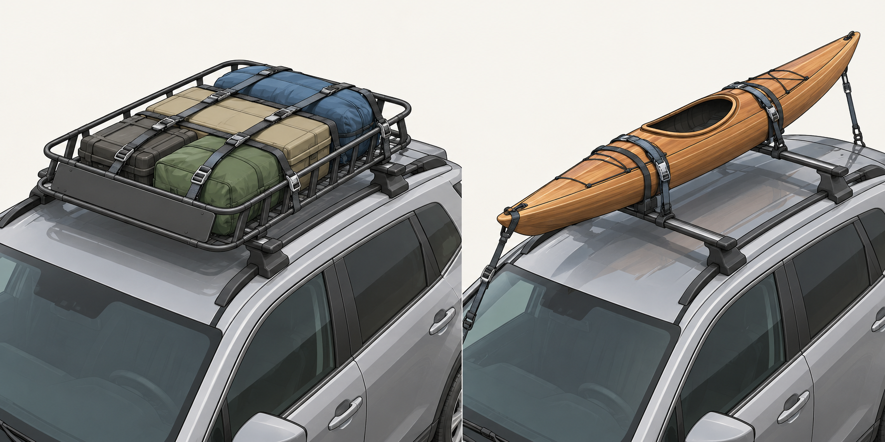 Roof cargo distributed on supported rack areas and restrained with fitted straps at appropriate support points.